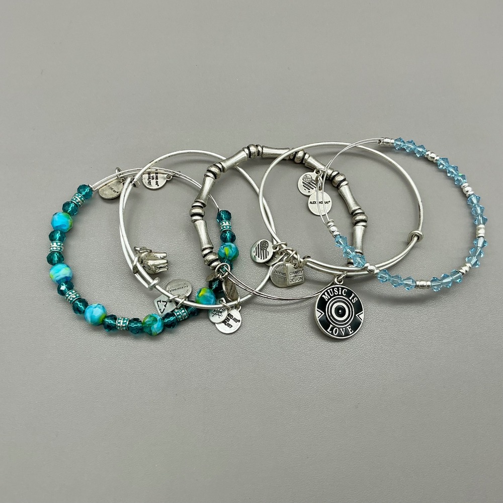Alex And Ani Bracelet Bundle Women Blue Silver Beaded Music Is Love Elephant Tag